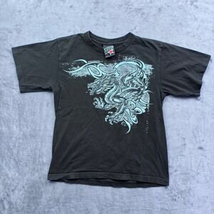 Vintage 2007 Top Heavy Kids Dragon Tribal Graphic T-Shirt Black Size L Y2K